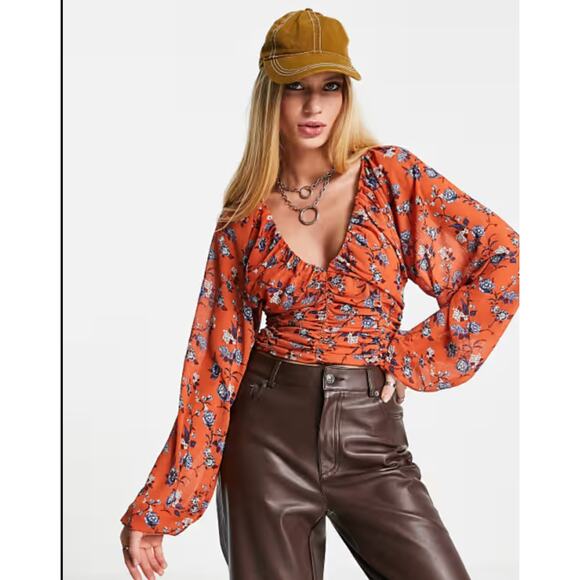Free People Final Rose Chiffon Long Sleeve Blouse Crop Rust Size S $118 - Picture 1 of 7